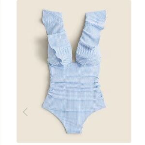 Ruched ruffle one-piece swimsuit in seersucker